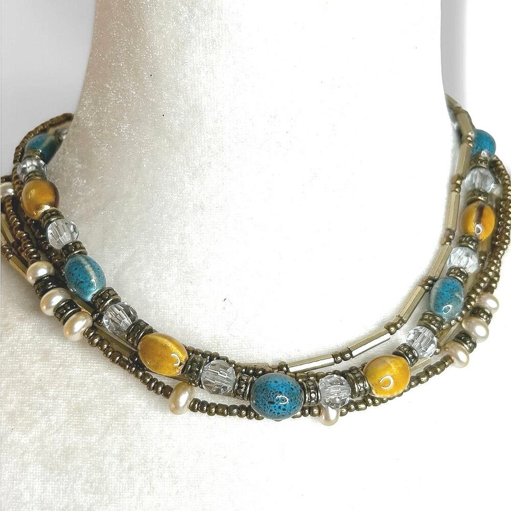 Premier Designs Layered Gold Tone Necklace Blue Yellow Glass Stone Beads